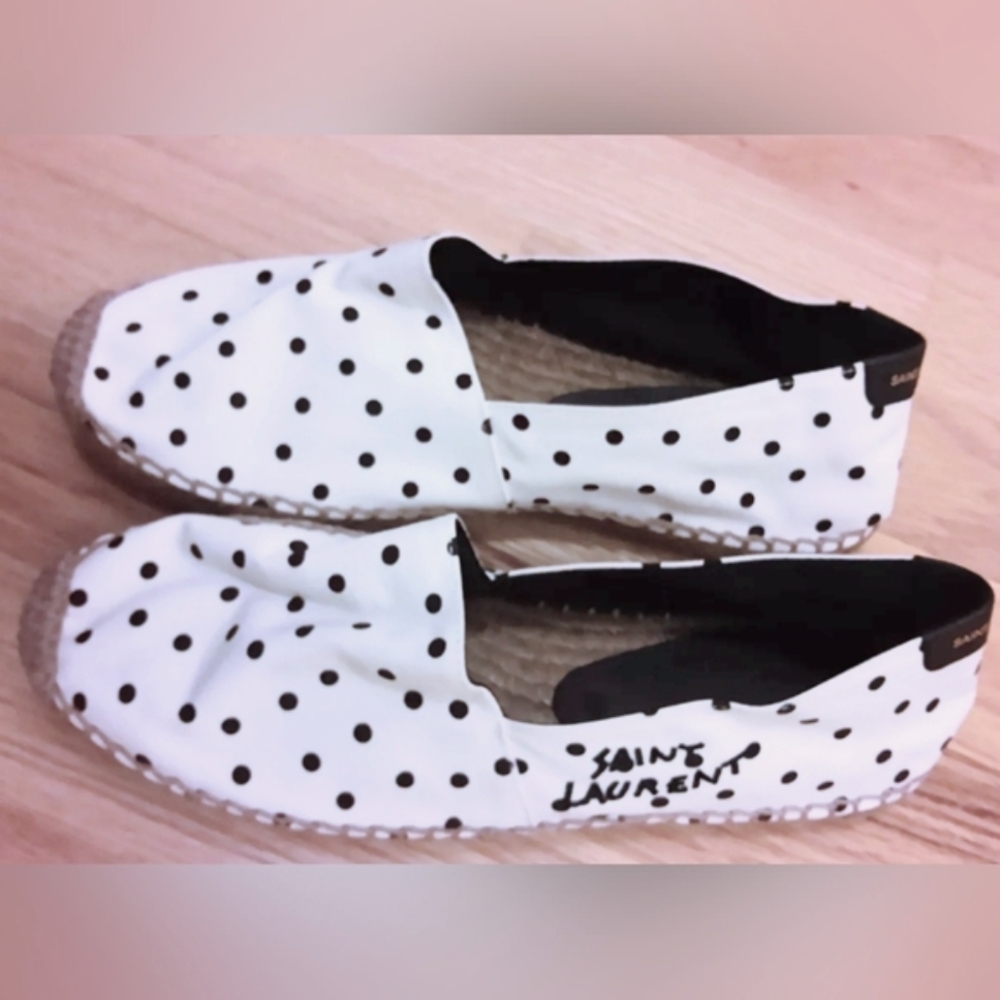 Nwt. Saint Laurent signature espadrilles cream and black pokadots W/Box - Picture 10 of 13